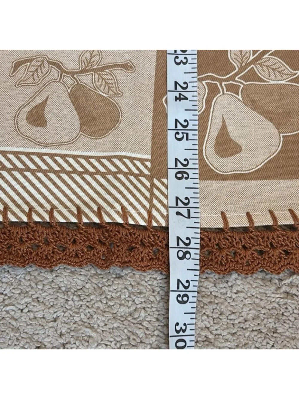 Vintage Table Cover Tablecloth Brown Pears Crochet Border Square 28X30